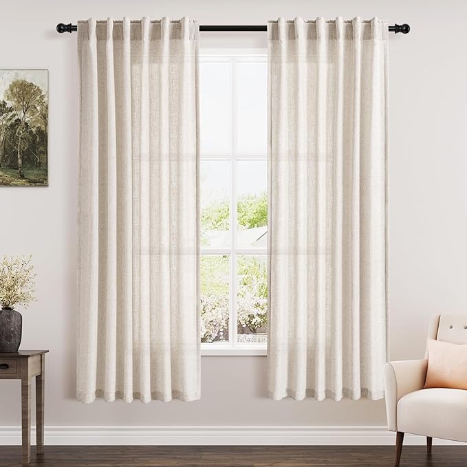 Beige Linen Semi Sheer Curtains 72 Inch Length by Nanspring