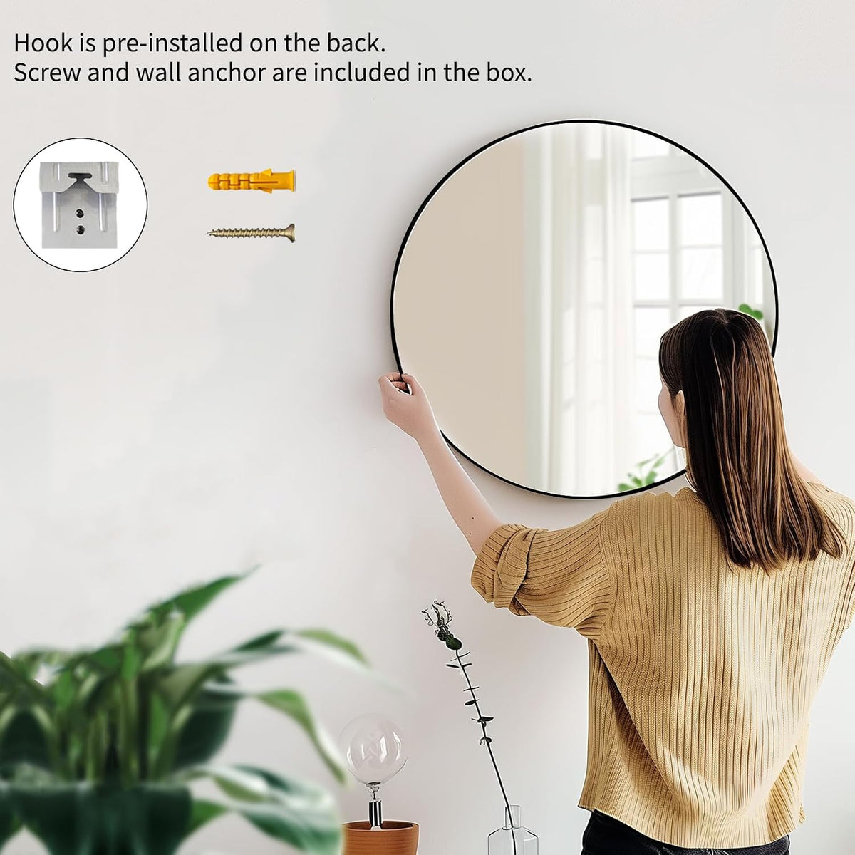 sunniry black round mirror, round mirror 24 inch showing dimensions