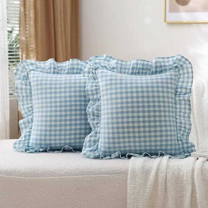 2 Pack Light Blue White Plaid Ruffle Gingham Throw Pillow Covers, 100% Washed by KMASANIJI