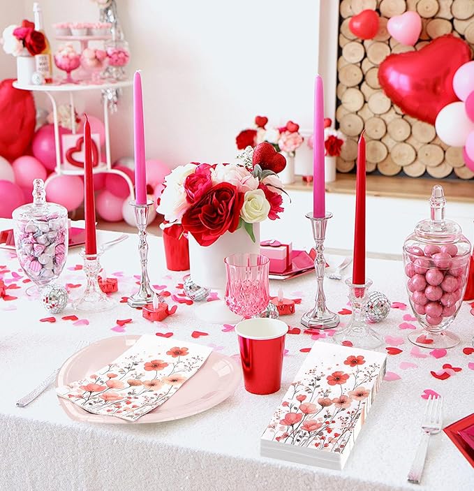 HEIPINIUYE 50 Pieces 3-ply Spring Floral Paper Napkins Red Flower Guest Napkins - Image 6