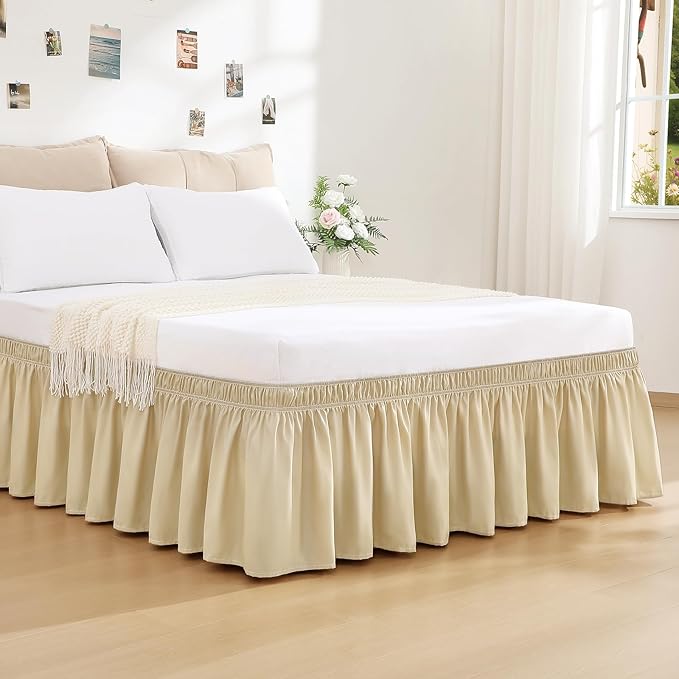 RIMELA Beige White Bed Skirt King Size 18 Inch Drop, Elastic Bed Skirting - Image 2