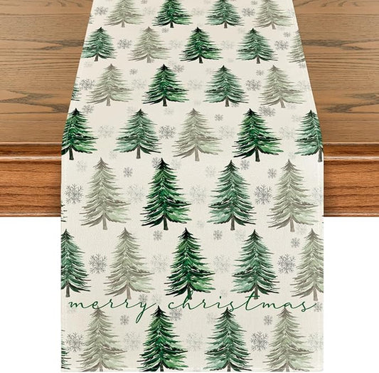 Artoid Mode Xmas Trees Snowflake Christmas Table Runner, Seasonal Winter Green by ArtoidMode