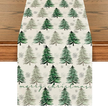 Artoid Mode Xmas Trees Snowflake Christmas Table Runner, Seasonal Winter Green by ArtoidMode