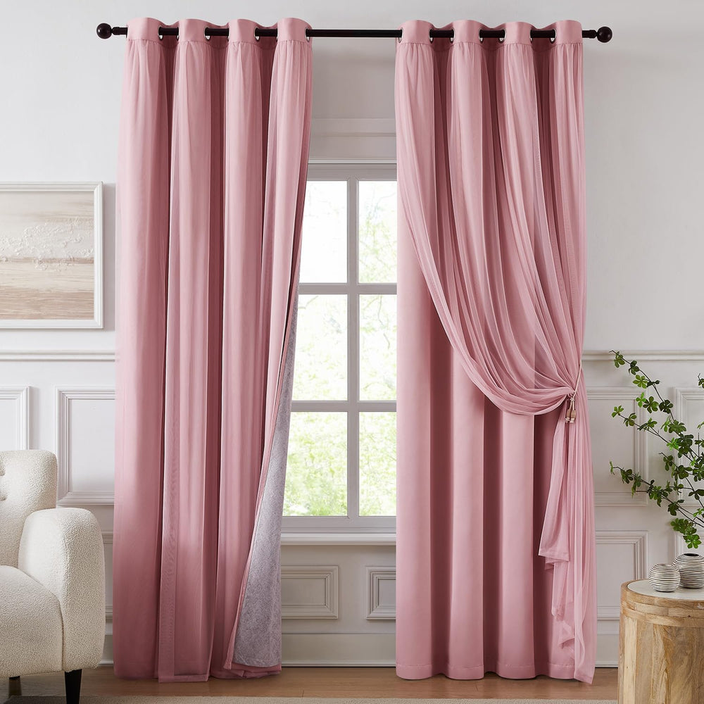 100% Blackout Curtains for Bedroom, Double Layer Pink 84" L