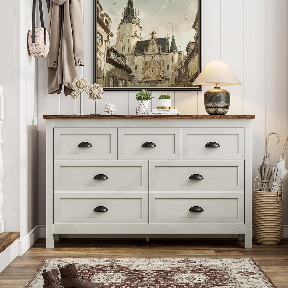 Antique White 7 Drawer Dresser for Bedroom, Farmhouse Wood Chest