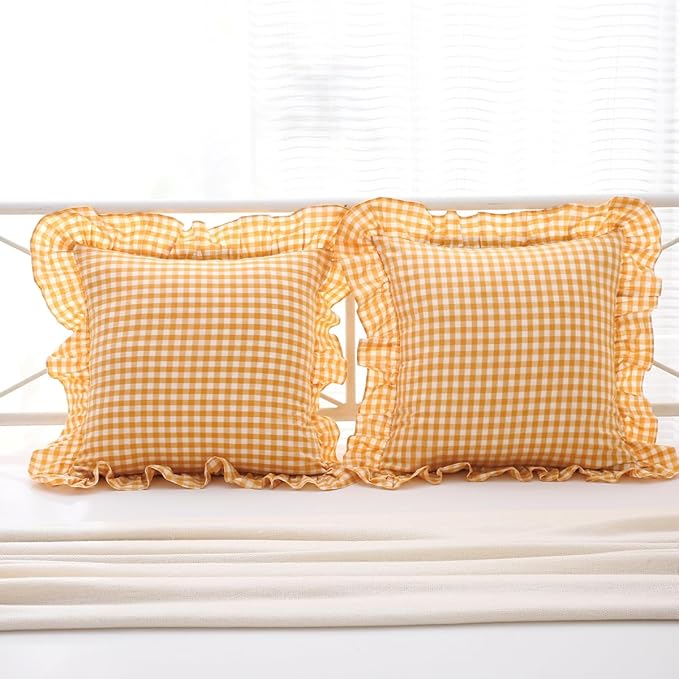Mustard Yellow Plaid Ruffle Decorative Throw Pillow Covers - Image 2