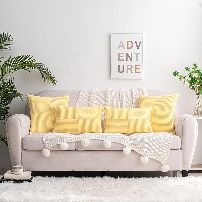 HWY 50 Pale Yellow Corduroy Patchwork Throw Pillow Covers 20x20 Inch, Soft Cozy - Image 5