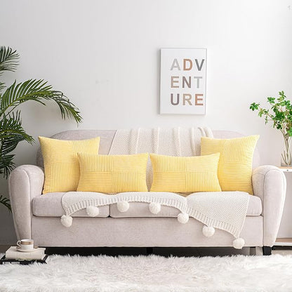 HWY 50 Pale Yellow Corduroy Patchwork Throw Pillow Covers 20x20 Inch, Soft Cozy - Image 5
