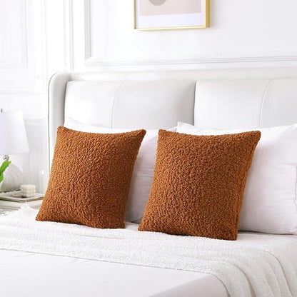 FUTEI Rust Throw Pillow Covers 22x22 Inch Set of 2, Furry Faux Fur Teddy Boucle - Image 6