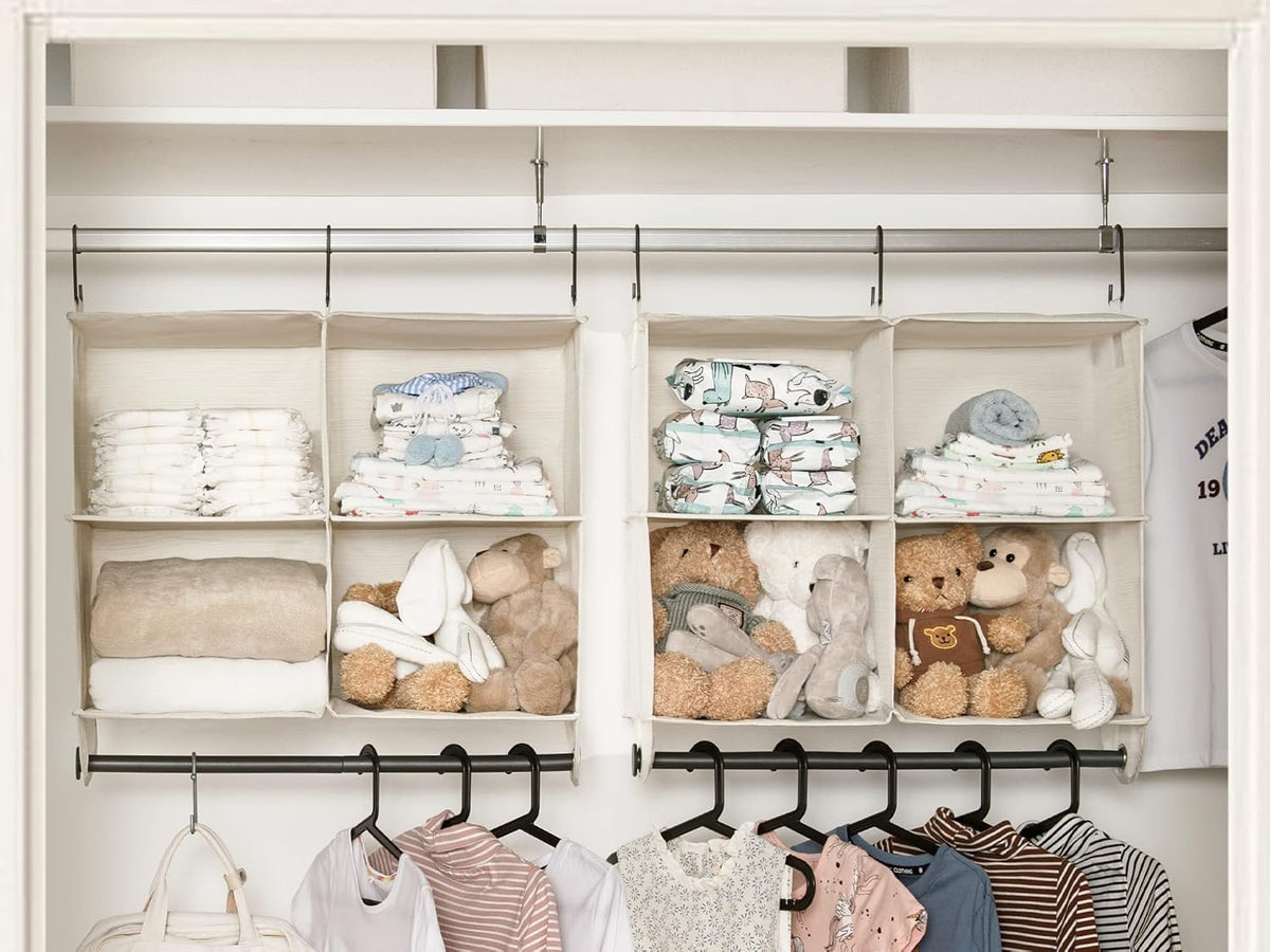 storageworks hanging closet organizer with rod, 4 sections shown in use