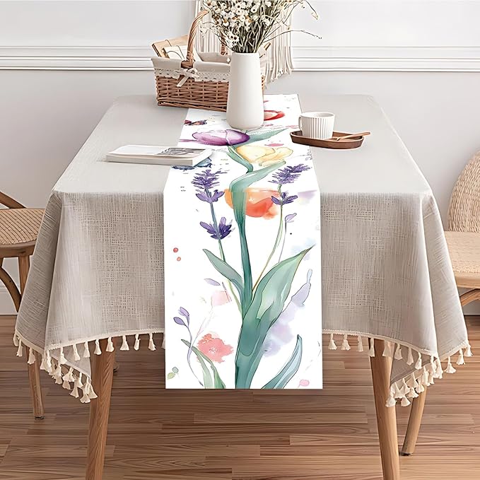 Elegant Hand-Painted Watercolor Floral Table Runner – Spring Tulip & Lavender - Image 6
