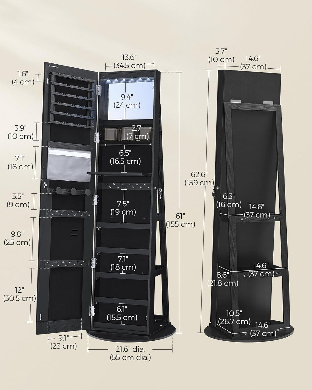 SONGMICS LED Mirror Jewelry Cabinet Standing, Adjustable Lights, Lockable