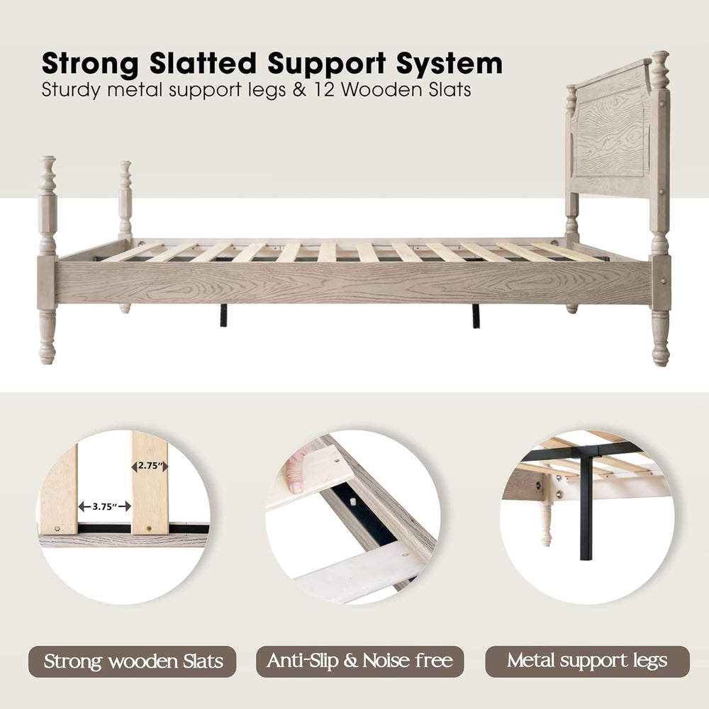 Solid Wood Queen Size Platform Bed Frame with Headboard & Footboard, Meta...