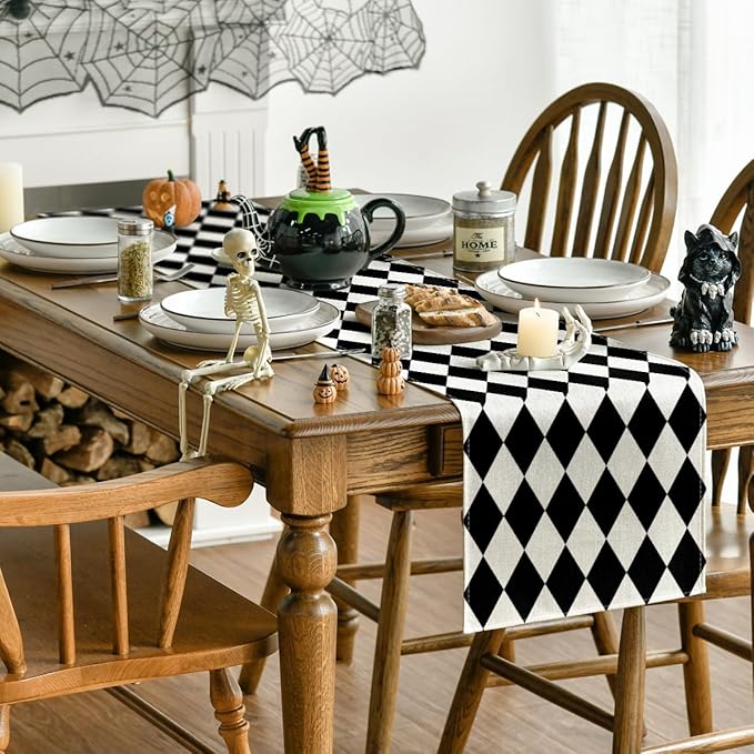 Artoid Mode Black Beige Diamond Plaid Table Runner, Seasonal Halloween Party - Image 4