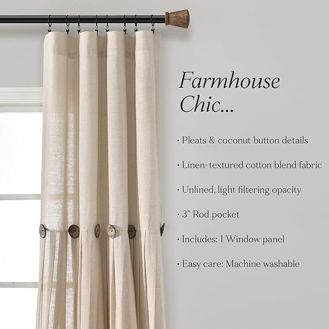 Lush Decor Linen Button Window Curtain Panel, Dark Linen- Country Curtains - Image 6