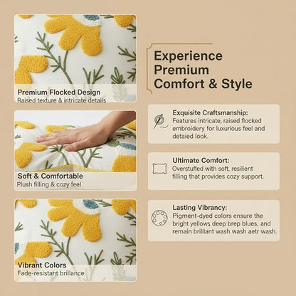 18x18 Embroidered Throw Pillow Covers Set – Yellow Daisy Cotton Decorative - Image 7