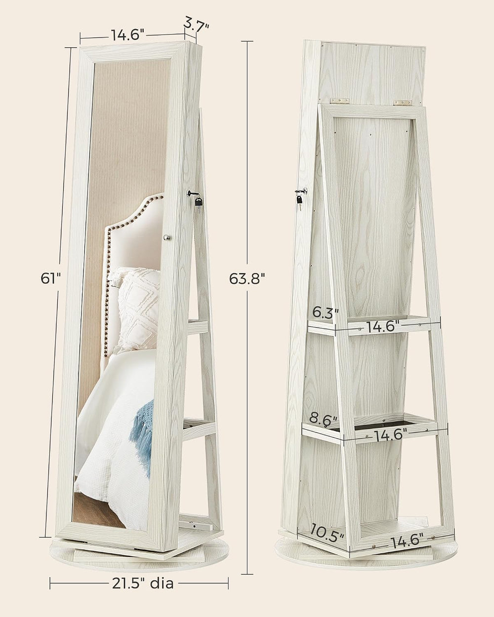 SONGMICS 360° Swivel Jewelry Cabinet, Full-Length Mirror, Lockable