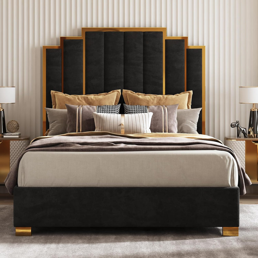 AMERLIFE Queen Size Velvet Upholstered Bed with Gold Trim Headboard, Black