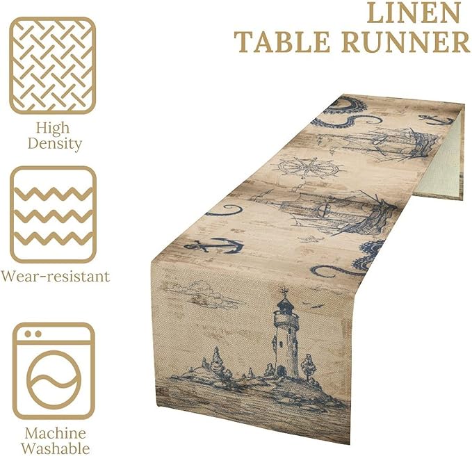 Ocean Nautical Table Runner, Sailboat Compass Hand Painted Navigation Vintage - Image 5