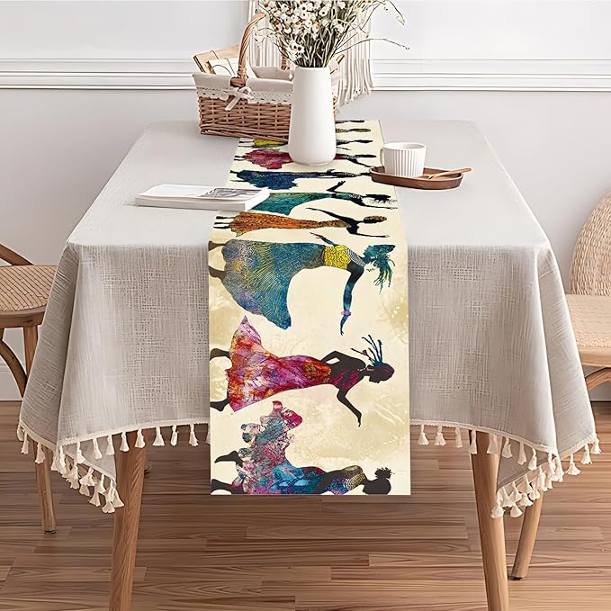 African Women Table Runner Colorful Tribal Dancing Lady Art Table Runner - Image 6