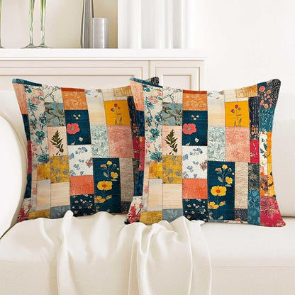 Floral Patchwork Style Pillow Covers 18x18 Set of 2 | Farmhouse Style by Unknown