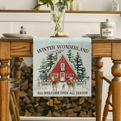 Winter Deer Trees Table Runner 13x72 Inch Snow Treehouse Winter Kitchen Dinning - Image 2