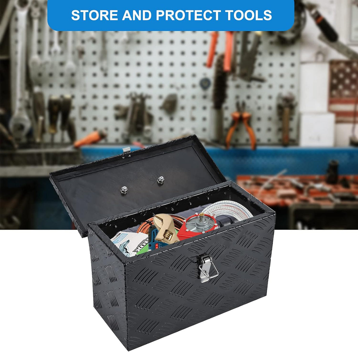 16"x7.5"x10"heavy duty black aluminum truck bed tool box on a desk or shelf