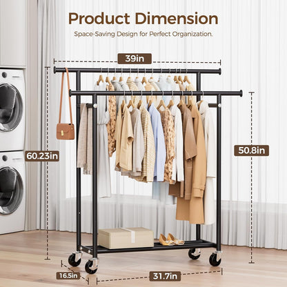 hyseyy clothes rack, double rods rolling clothing rack, close-up detail