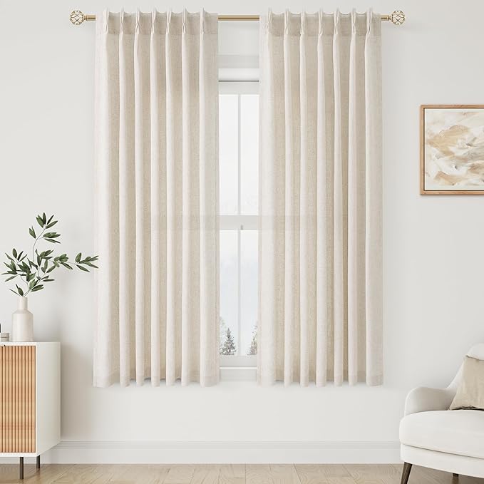 Natural Cream Linen Pinch Pleated Window Curtains 63 Inch Long Pinch Pleat Back - Image 6