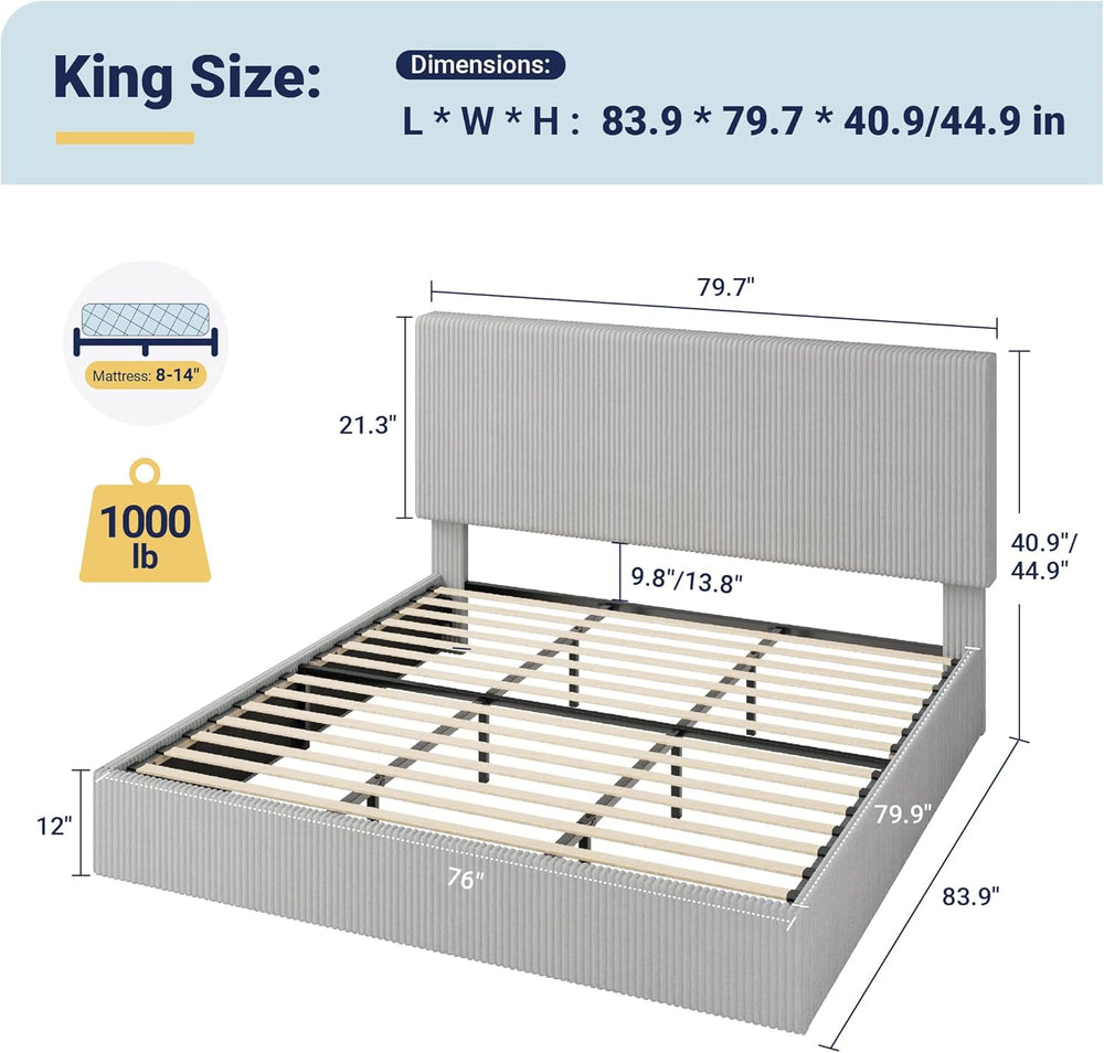 Allewie King Bed Frame, Adjustable Corduroy Headboard, Platform, Grey