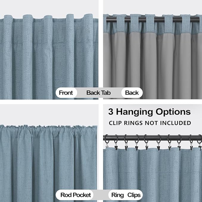 KOUFALL 52x102 Inches Long Stone Blue Back Tab Linen Blackout Curtains - Image 4