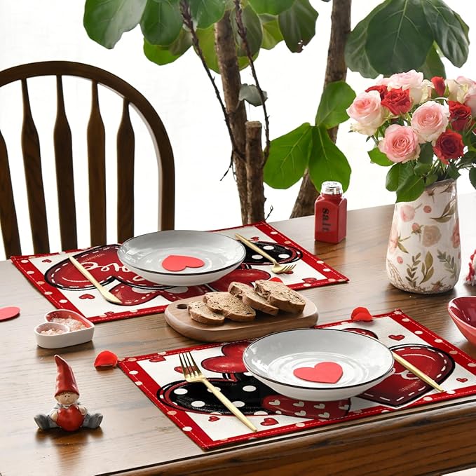 Artoid Mode Red Dot Heart Love Valentine Placemats Set of 4, 12x18 Inch Wedding - Image 4