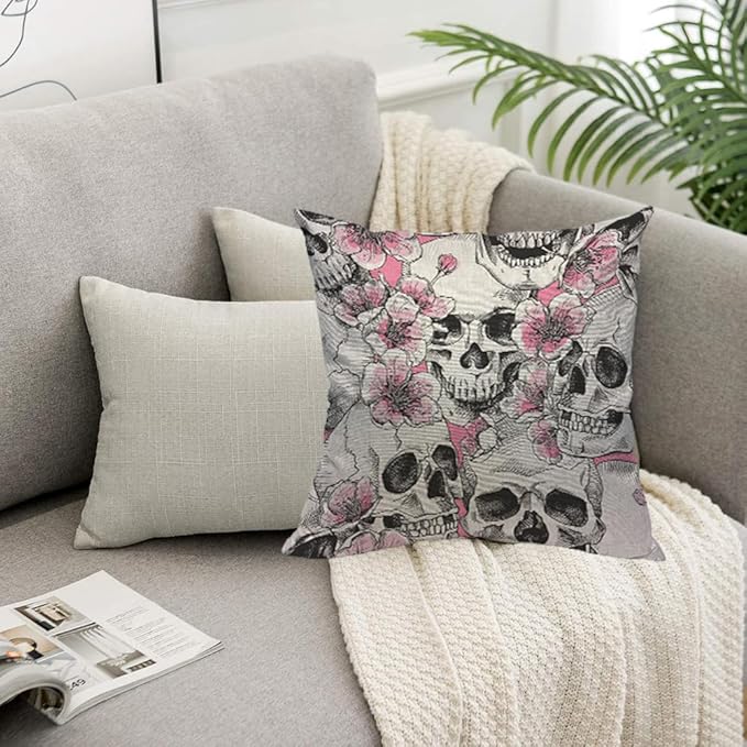 TKS MITLAN Skull and with Flowers Pillow Cover 18x18 inch Pink Cherry Rustic - Image 5