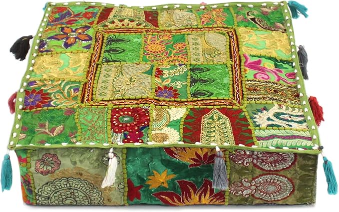 CRAFT KALA Indian Square Patchwork Traditional Pouf Cover Indian Living Room by CRAFTKALA
