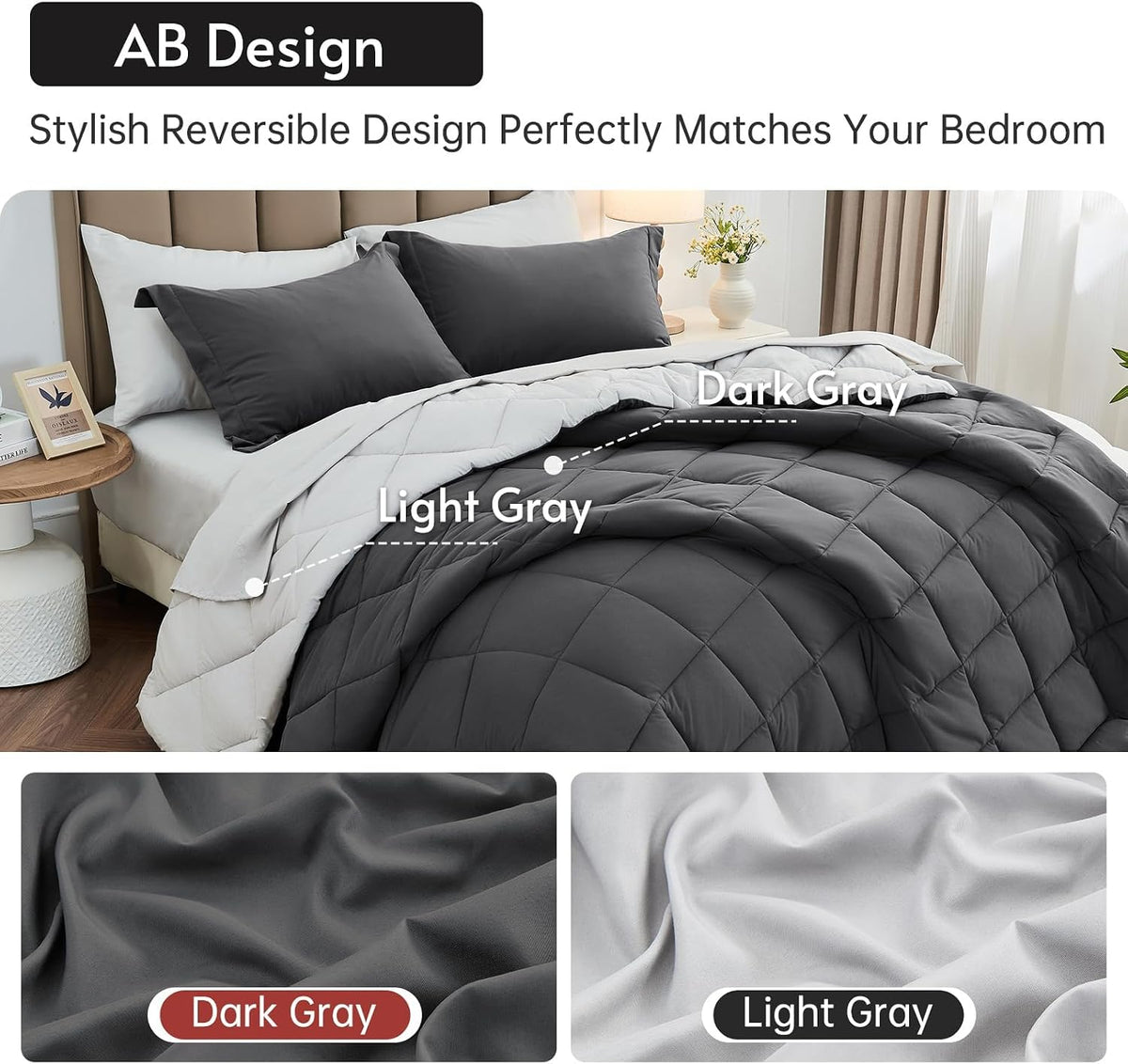 queen comforter set 7 pieces, reversible bed in, close-up detail