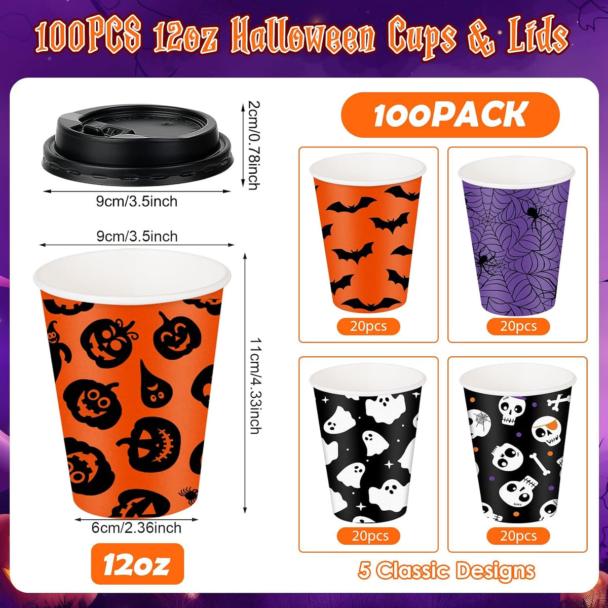 100 Set Halloween Disposable Coffee Cups with Lids 12oz, Bulk Black Orange Pumpkin Ghost Bat Disposable Party Paper Cups for Hot Chocolate Cold Drinks Halloween Birthday Party Supplies Decorations