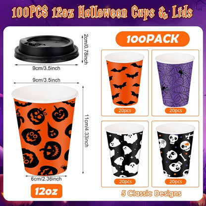 100 Set Halloween Disposable Coffee Cups with Lids 12oz, Bulk Black Orange Pumpkin Ghost Bat Disposable Party Paper Cups for Hot Chocolate Cold Drinks Halloween Birthday Party Supplies Decorations