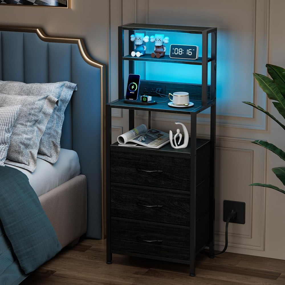 Furnulem Night Stand, Tall Nightstand with Charging Station for Bedroom
