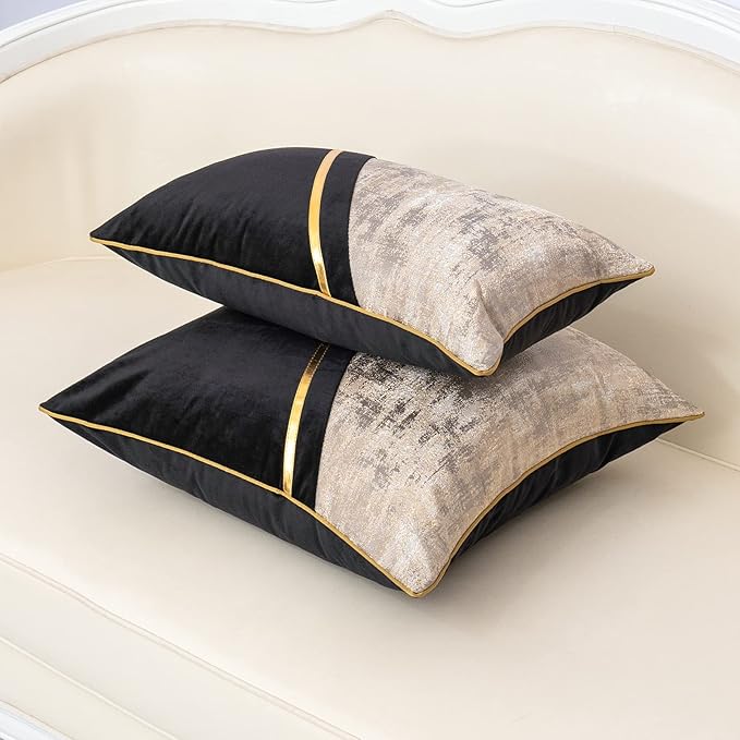Alerfa 20 x 20 Inch Black Beige Gold Leather Patchwork Velvet & Polyester - Image 4
