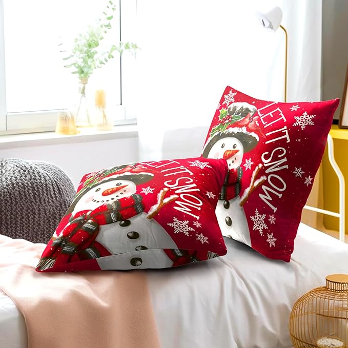 Xmas Pillow Covers 20x20 Inch 2 Packs Christma Snowman Snowflake Decorative Red - Image 6