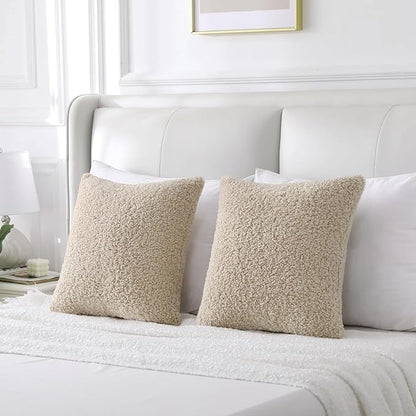 FUTEI Beige Throw Pillow Covers 22x22 Inch Set of 2, Furry Faux Fur Teddy - Image 6