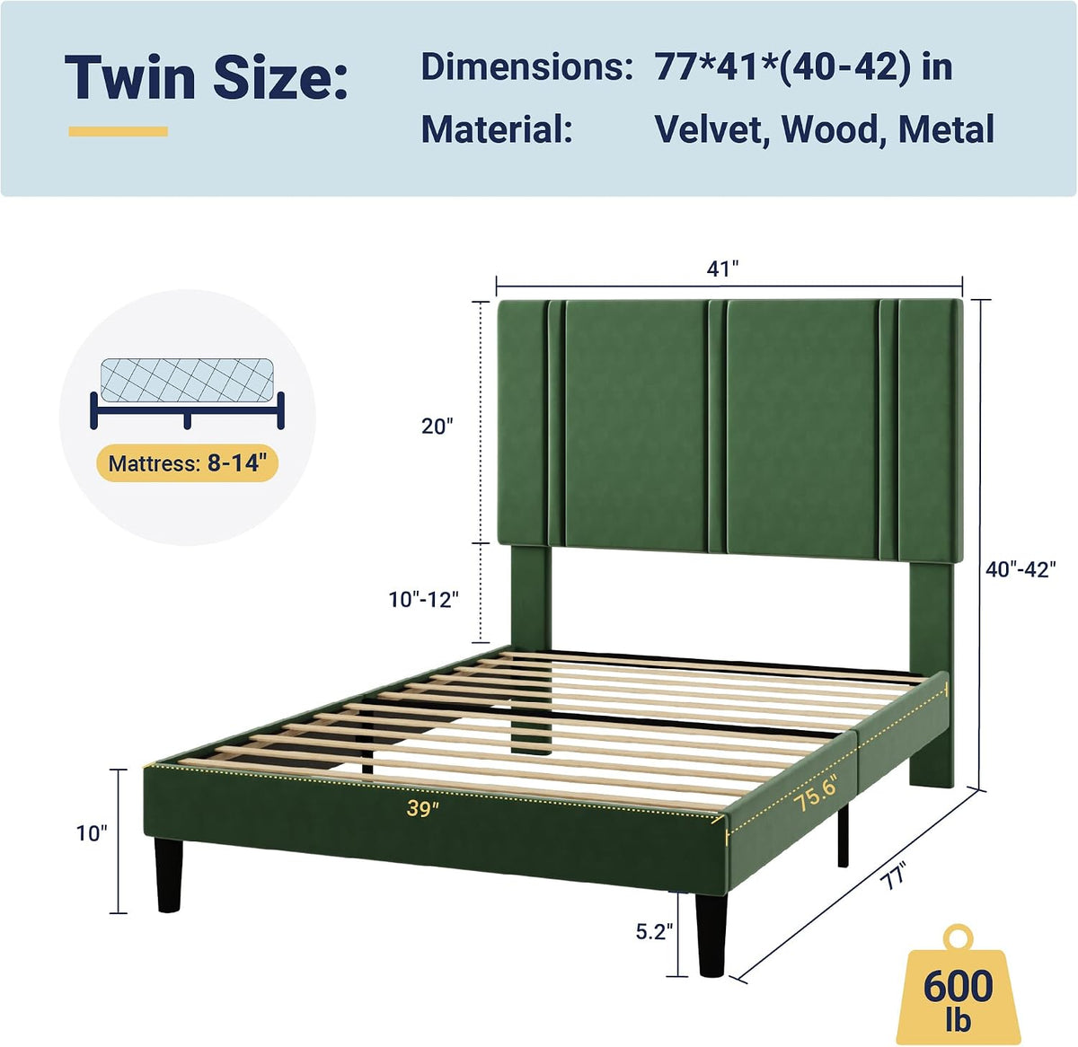 allewie twin platform bed frame with velvet upholstered shown in use