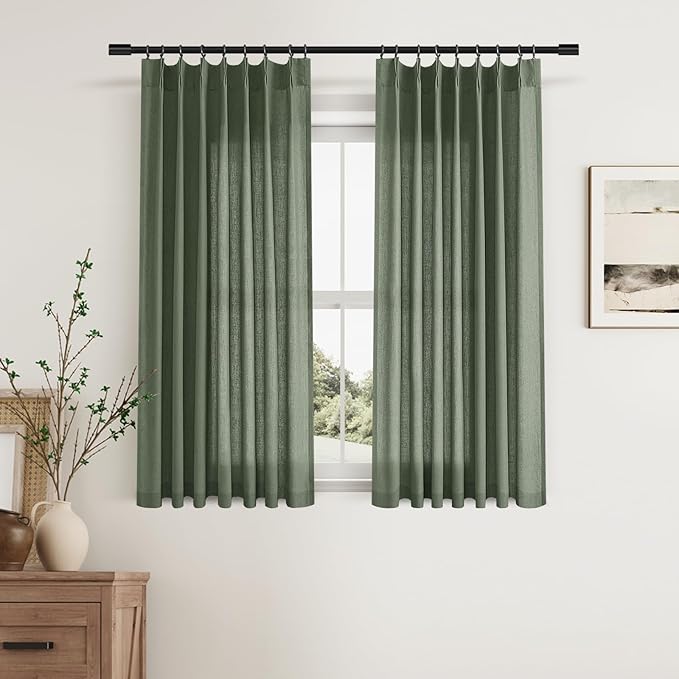 Olive Green Pinch Pleat Linen Curtains 45 Inch Long by Aersas