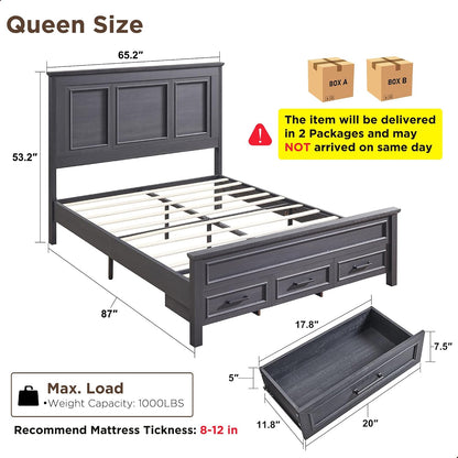 jxqtlingmu farmhouse queen wood bed frame with 52" shown in use