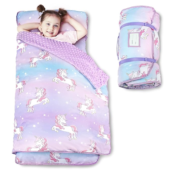 Toddler Nap Mat with Pillow and Minky Blanket, Large 55"x35" Sleeping Bag by Beavtaens