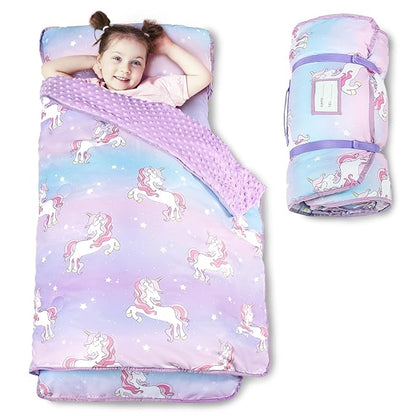 Toddler Nap Mat with Pillow and Minky Blanket, Large 55"x35" Sleeping Bag by Beavtaens