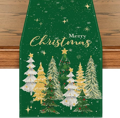 Artoid Mode Xmas Trees Merry Christmas Table Runner, Seasonal Winter Green by ArtoidMode