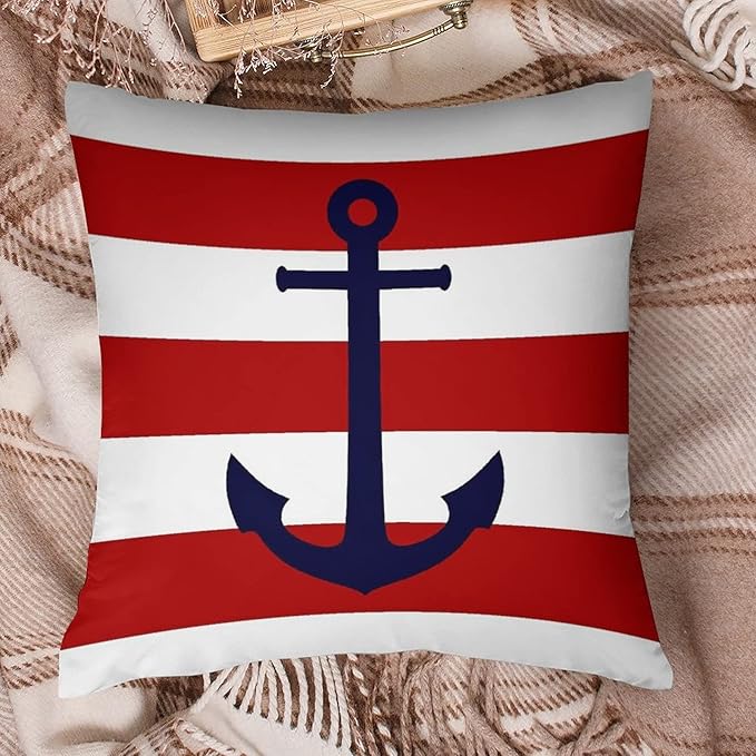 Myshe Square Nautical Navy Blue Anchor On Red Stripes Throw Pillow Cover - Image 6