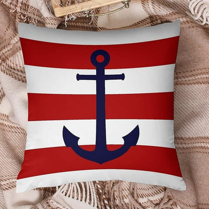 Myshe Square Nautical Navy Blue Anchor On Red Stripes Throw Pillow Cover - Image 6