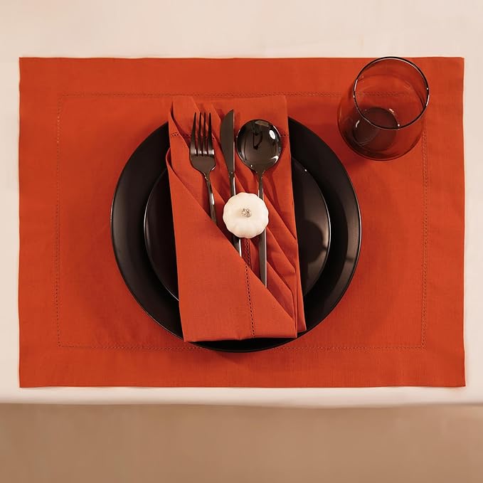 Home Ekaa Cotton Linen Dinner Napkin Set of 4 – Hemstitch Pumpkin Cloth Dinner - Image 3
